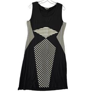 Vandana Black Midi Dress Stretch Sleeveless Preppy Stripe Bodycon Womens Size L